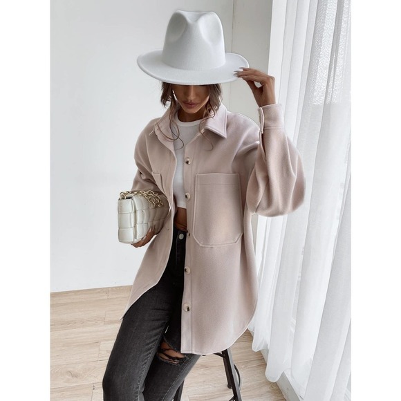 Drop Shoulder Pocket boyfriend shacket oversized jacket Coat cream tan - Picture 6 of 8